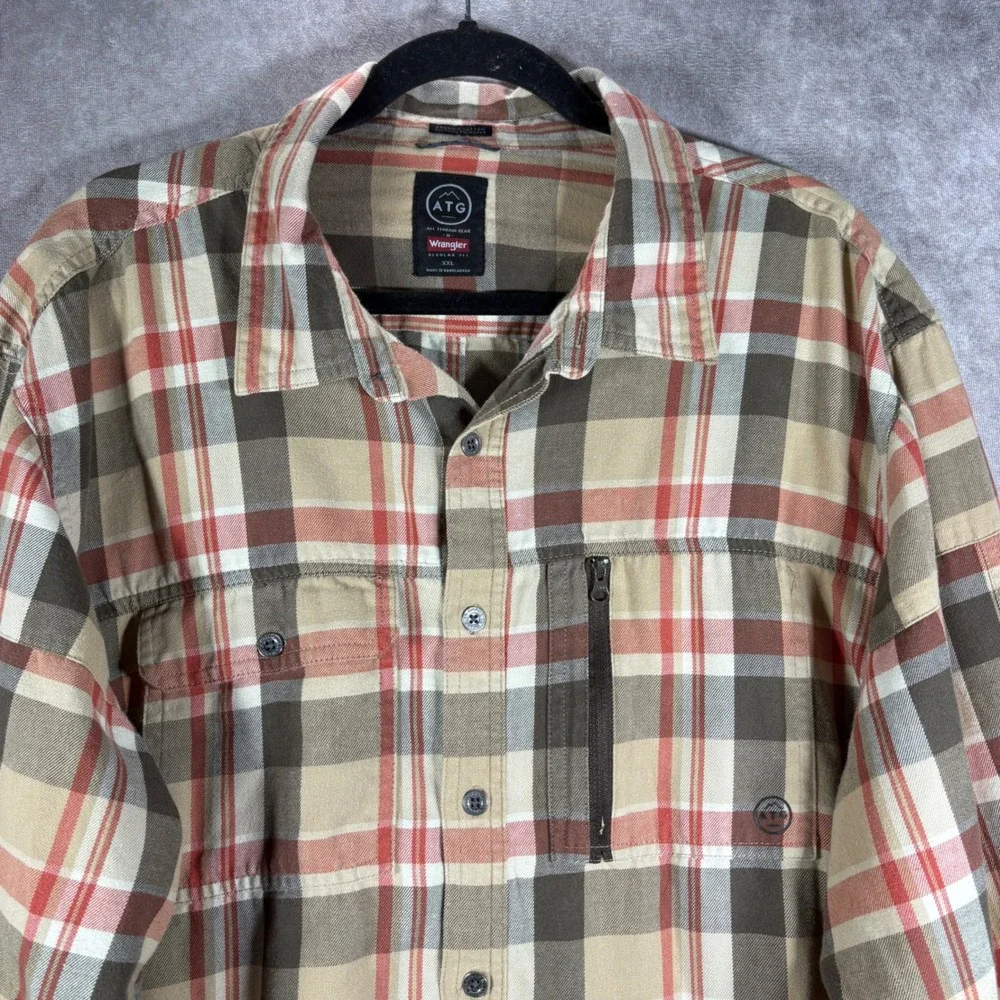 Wrangler Shirt Mens XXL Brown‎ ATG All Terrain Gear Plaid Flannel Outdoor Hiking